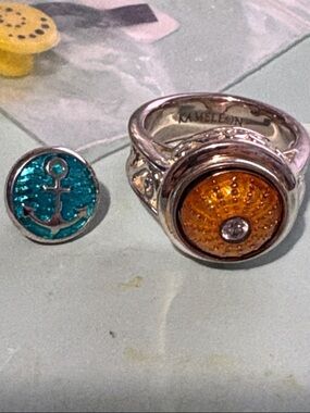 Kameleon Sterling Silver Ring with Amber Snap & Teal Anchor Snap. Size 8